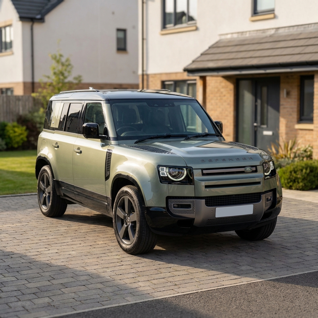 A photorealistic 2024 Land Rover Defender D300 X-Dynamic HSE 110 in a modern UK suburban driveway.