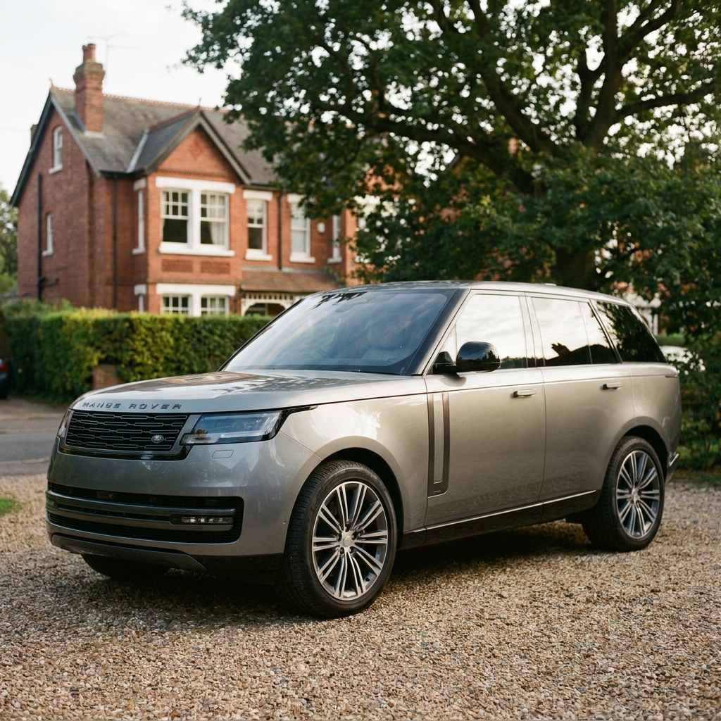 A sleek, dark grey 2024 Land Rover Range Rover parked on a suburban driveway in the UK under soft afternoon sun.