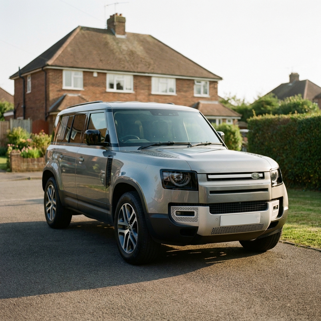 A sleek, modern Land Rover Discovery Sport (2024 model) parked on a suburban driveway in the UK under soft afternoon sun.