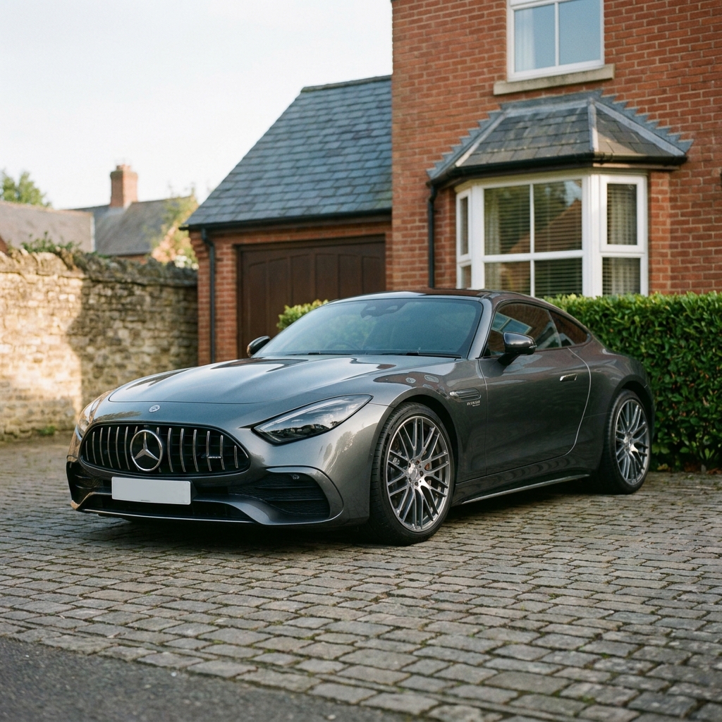 A sleek, dark grey 2024 Mercedes-AMG GT Coupe parked on a suburban British driveway under soft afternoon sun.