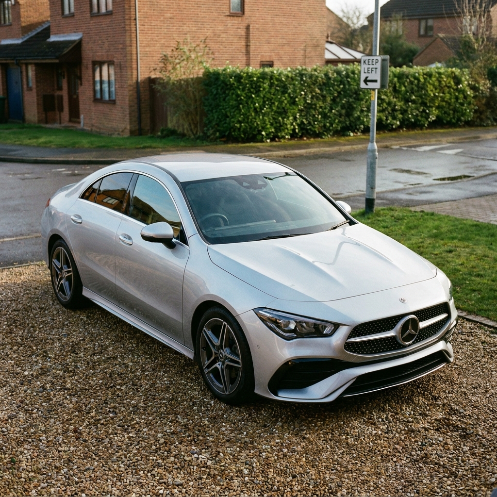 A sleek, nearly new 2025 Mercedes-Benz CLA parked on a suburban driveway in the UK under soft afternoon sun.