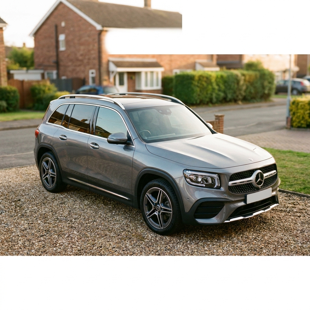 A photorealistic exterior shot of a 2024 Mercedes-Benz GLB 200 AMG Line Premium in a suburban UK driveway.