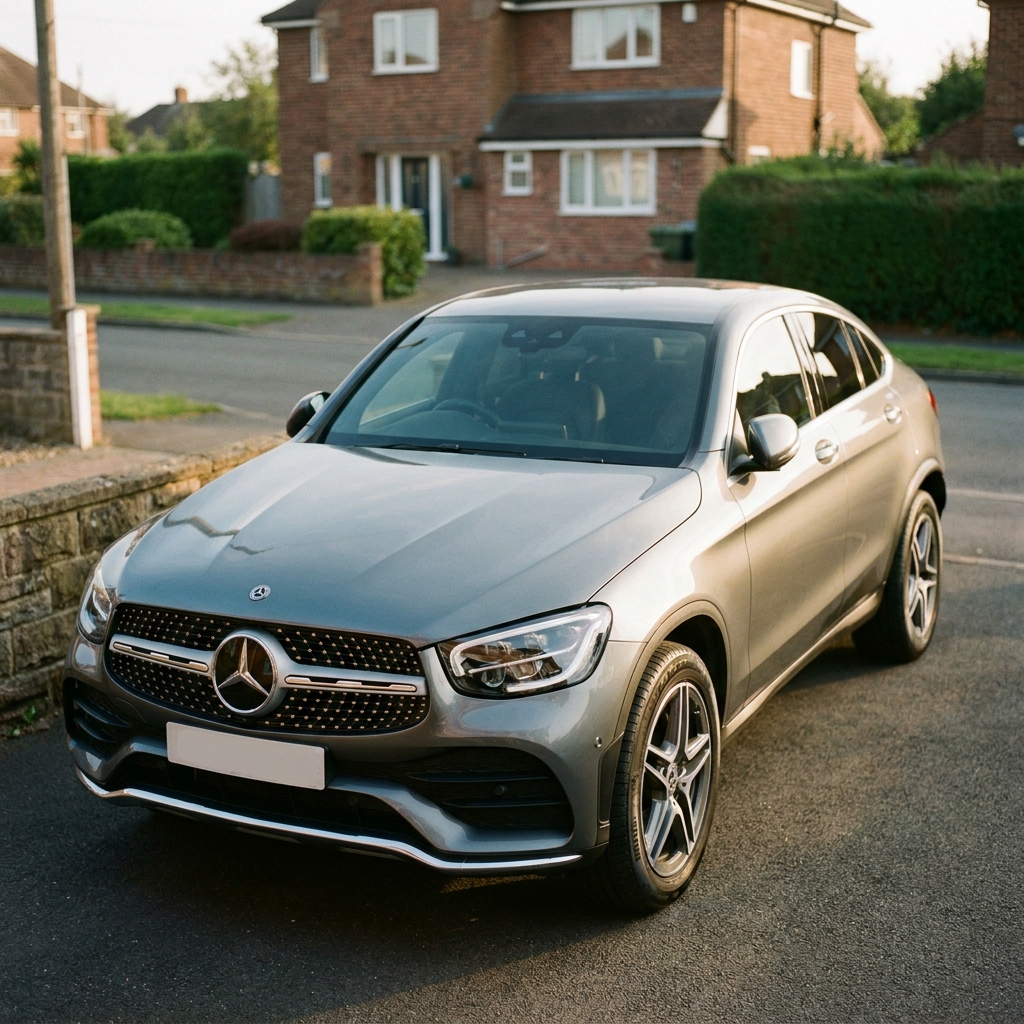 A sleek, nearly new Mercedes-Benz GLC 300d Coupe in a British suburban driveway under soft afternoon sun.