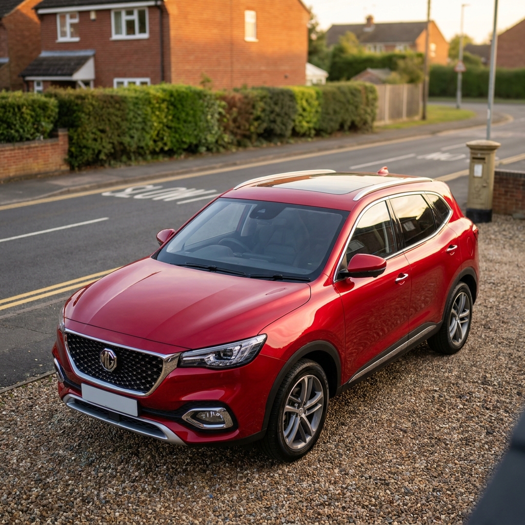 A metallic red 2024 MG HS parked on a suburban driveway in the UK under soft afternoon sun.
