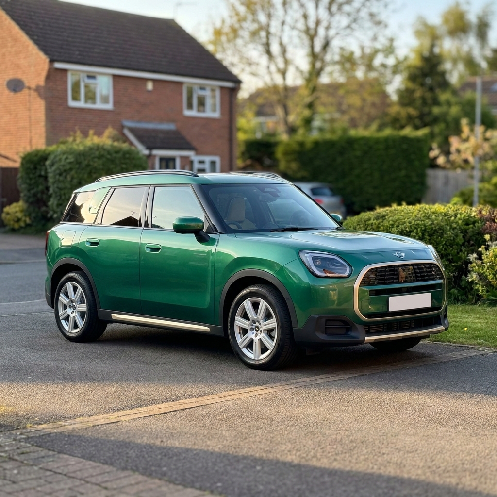 A metallic green 2024 MINI Countryman parked on a suburban driveway in the UK under soft afternoon sun.