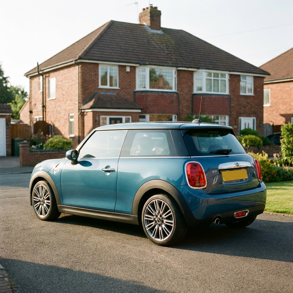 A modern metallic blue MINI Hatch Cooper Exclusive (2024 model) parked on a suburban British driveway under soft afternoon sun.