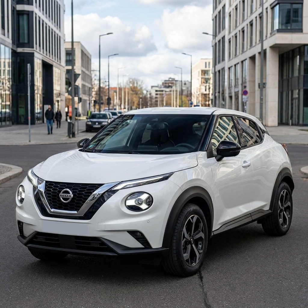 A modern metallic blue 2026 Nissan Juke parked on a suburban driveway in the UK under soft afternoon sun.