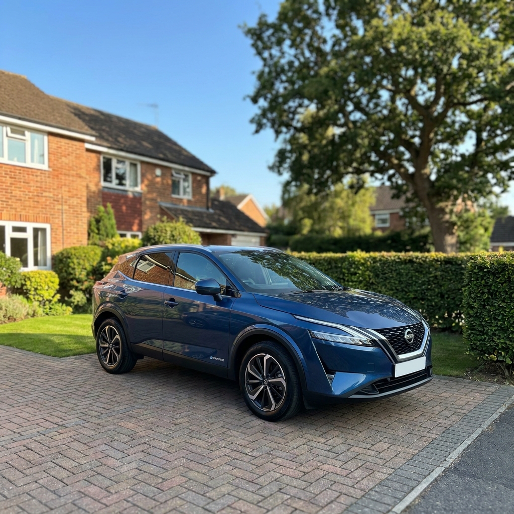 A photorealistic 2025 Nissan Qashqai e-POWER N-Connecta in a bright UK suburban driveway setting.