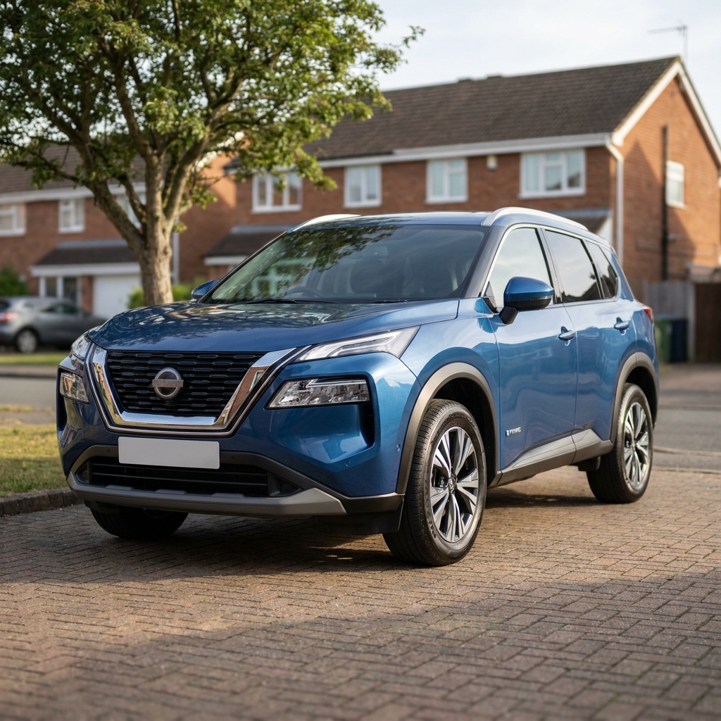 A photorealistic 2025 Nissan X-Trail e-POWER e-4ORCE Acenta Premium parked on a suburban driveway in the UK.
