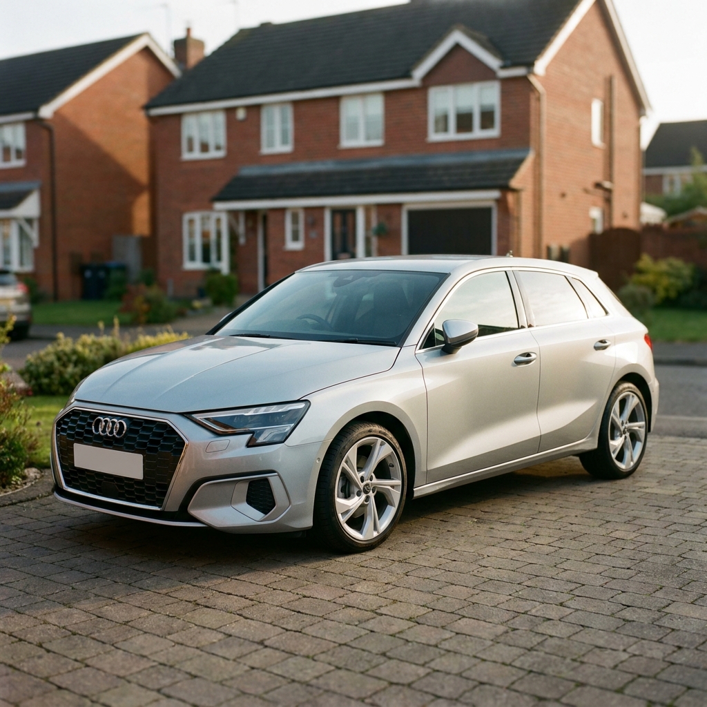 A sleek, nearly new silver Audi A3 parked on a suburban driveway in the UK, bathed in soft afternoon sun.
