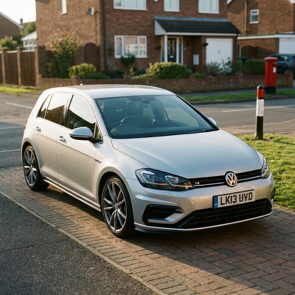 A modern silver car parked on a suburban driveway in the UK, bathed in soft afternoon sun.