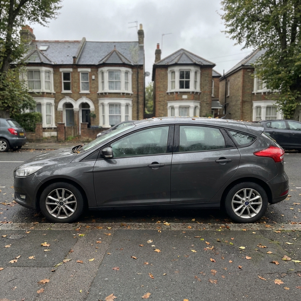 A modern family car parked on a British suburban street on an overcast day, illustrating car finance choices.