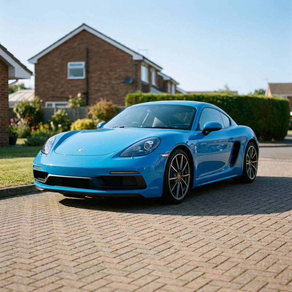 A sleek, nearly new Porsche 718 Cayman in a vibrant colour, parked on a British suburban driveway on a clear blue-sky day.