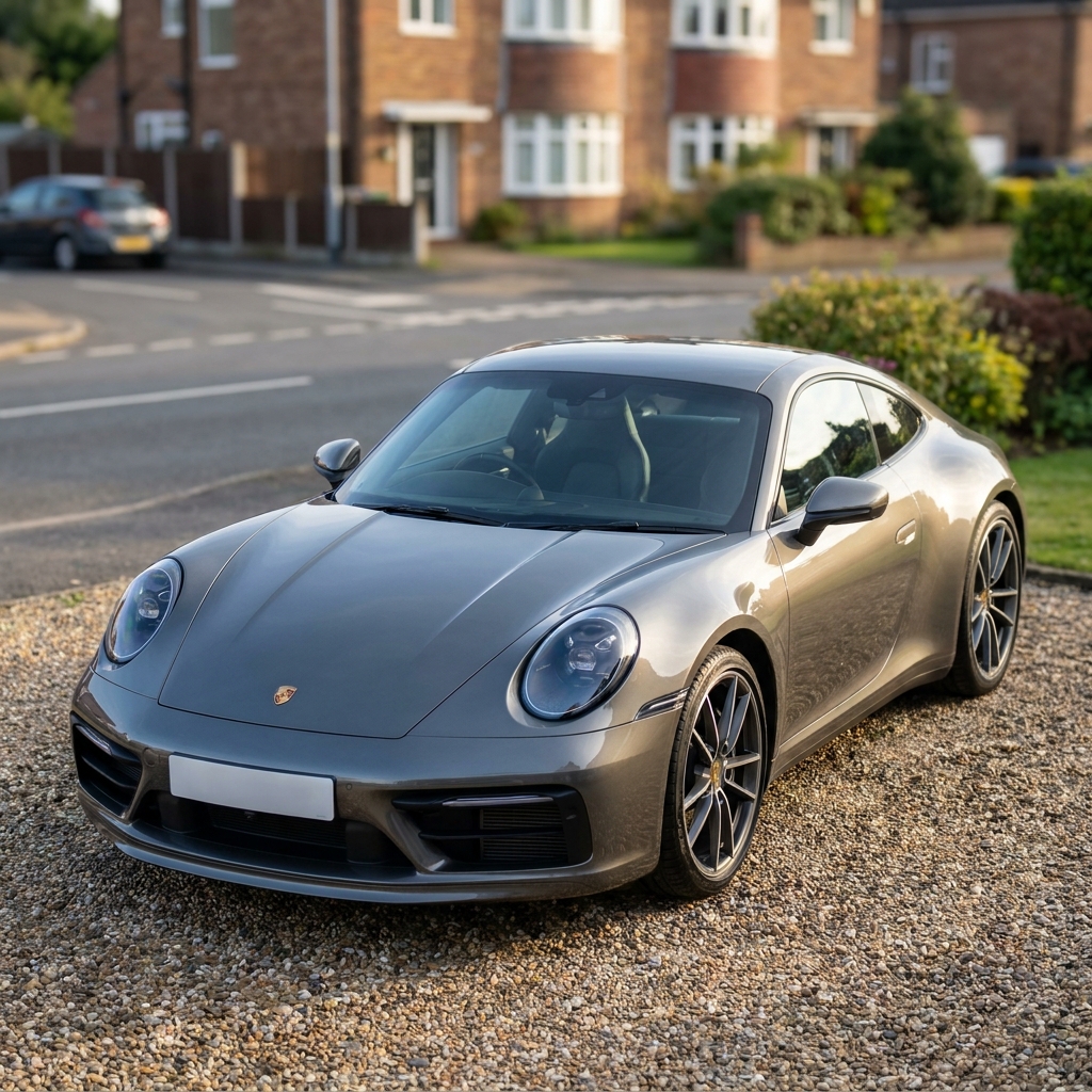 A sleek, metallic grey 2024 Porsche 911 Carrera parked on a British suburban driveway in soft afternoon sun.