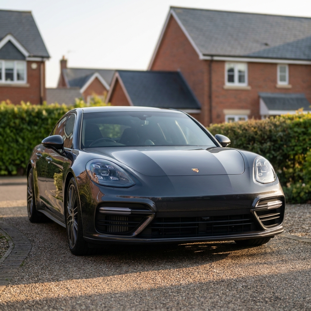 A sleek, dark grey 2024 Porsche Panamera 2.9 V6 Saloon PDK parked on a suburban driveway in soft afternoon sun.