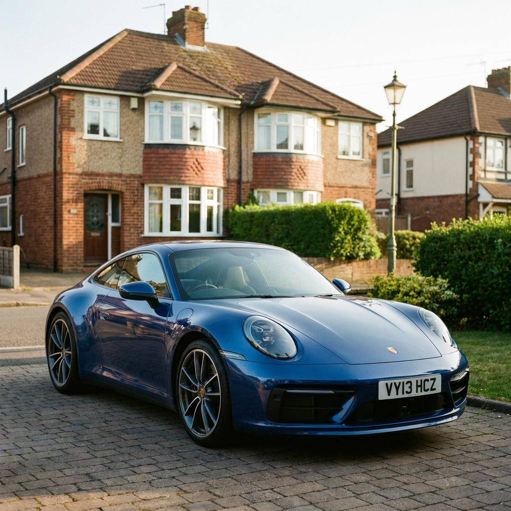 A sleek, modern Porsche 911 (2024 model) in a vibrant metallic blue, parked on a suburban UK driveway in soft afternoon sun.