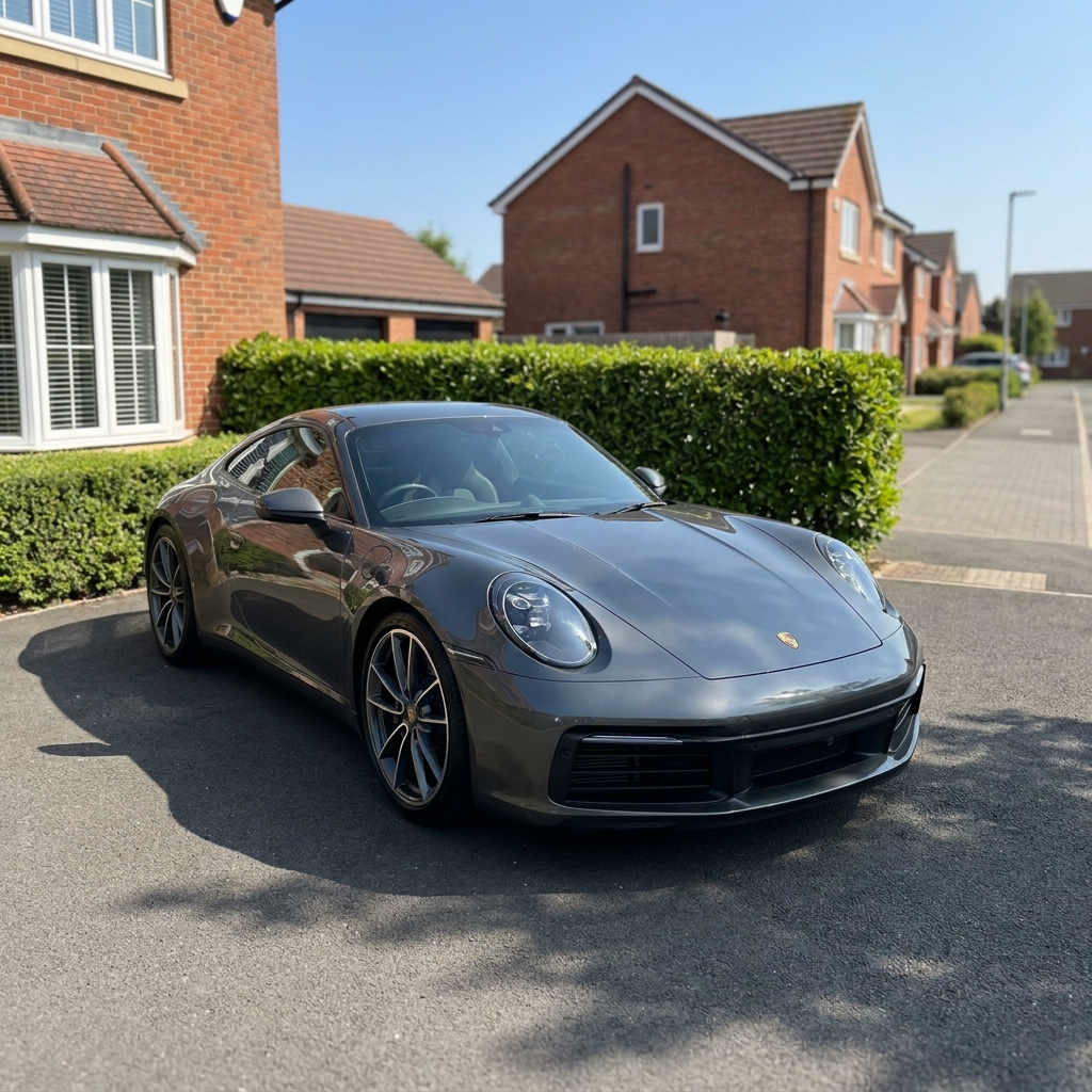 A sleek, dark grey 2024 Porsche 911 Carrera parked on a British suburban driveway on a clear blue-sky day.