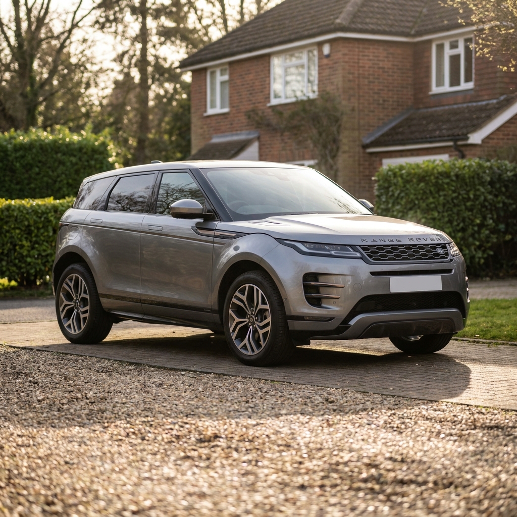 A sleek, nearly new Range Rover Evoque parked on a British suburban driveway in soft afternoon sun.