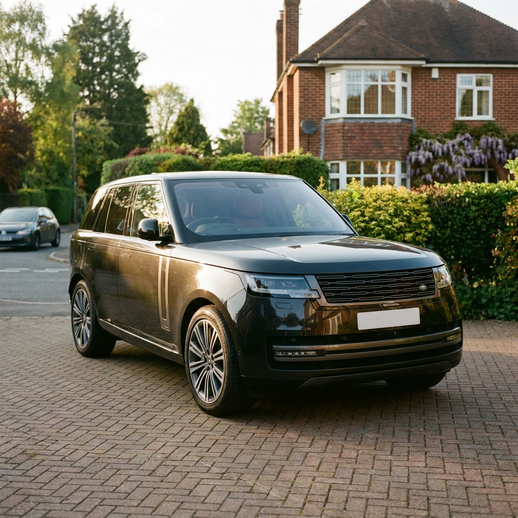 A sleek, new model black Range Rover (2023-2025) parked on a suburban driveway in the UK under a soft afternoon sun.