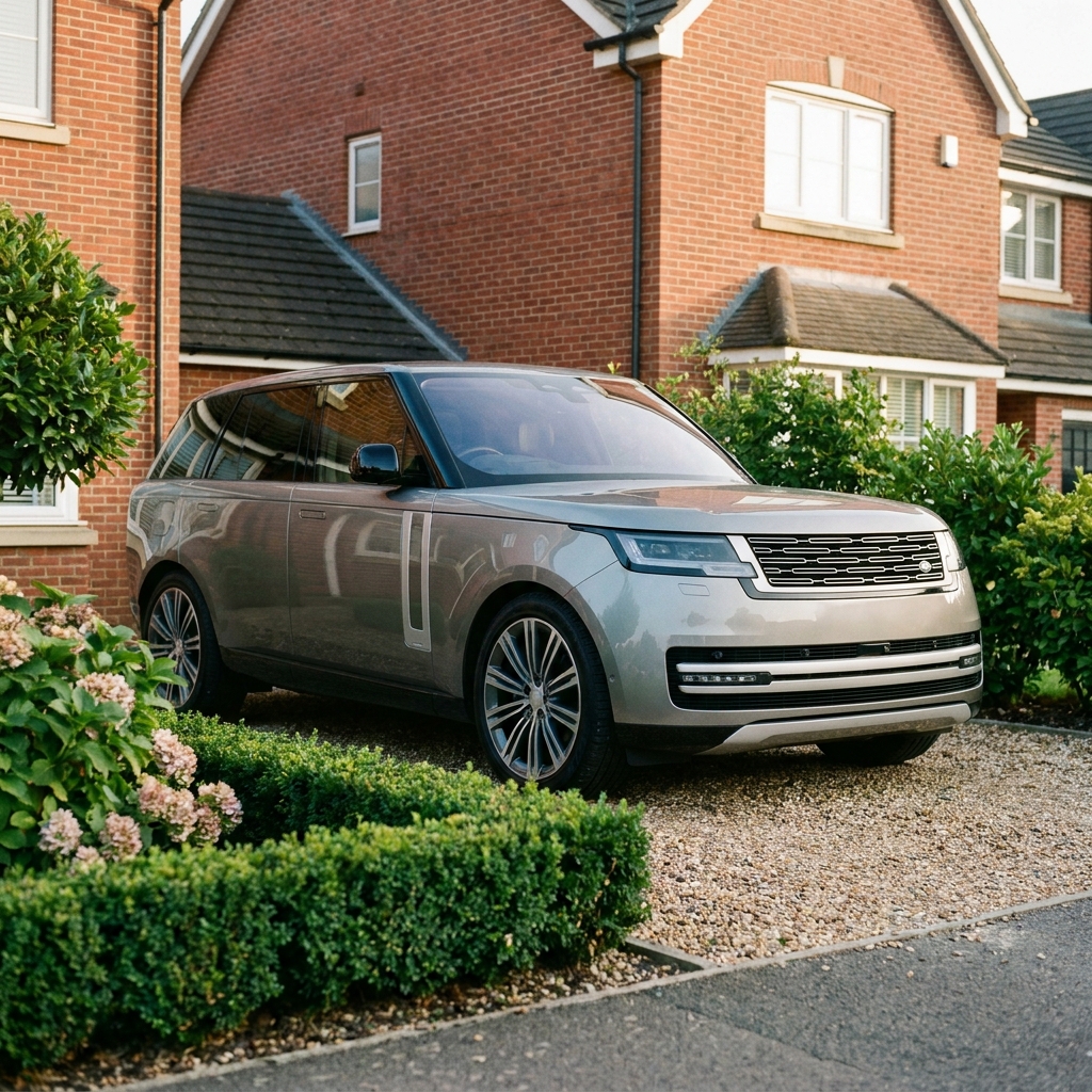 A sleek, modern Range Rover parked on a suburban driveway in the UK under soft afternoon sun.
