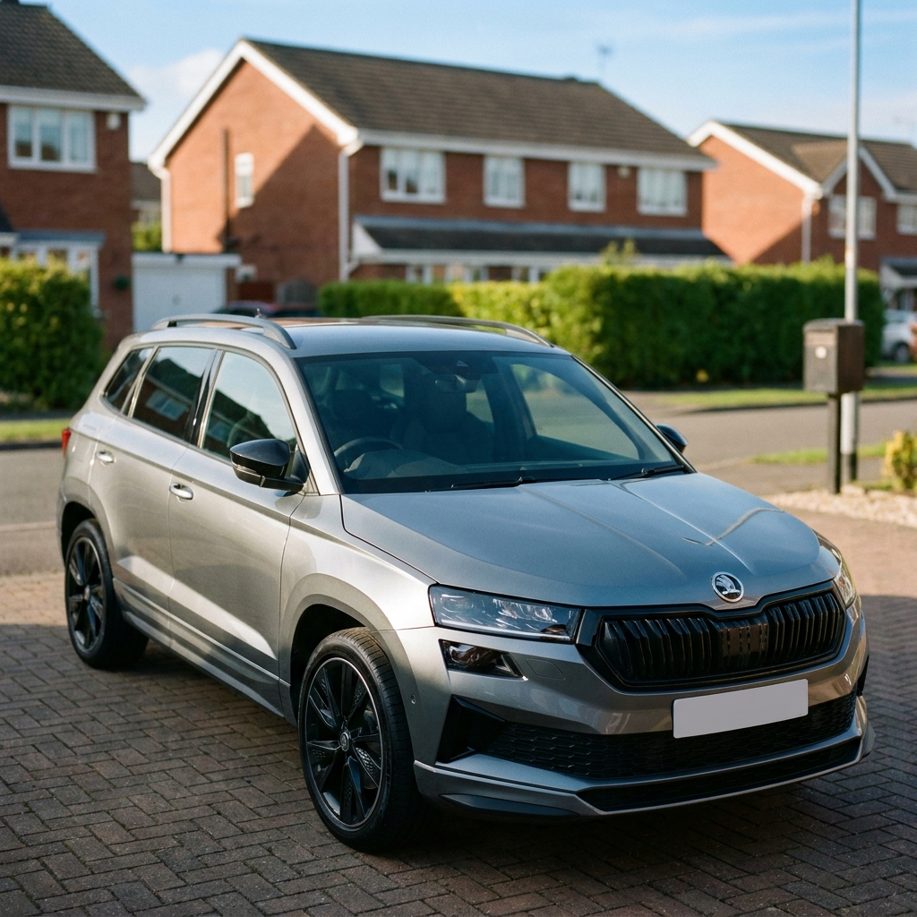 A 2025 Skoda Karoq 1.5 TSI ACT SportLine Edition DSG in a British suburban driveway on a clear blue-sky day.
