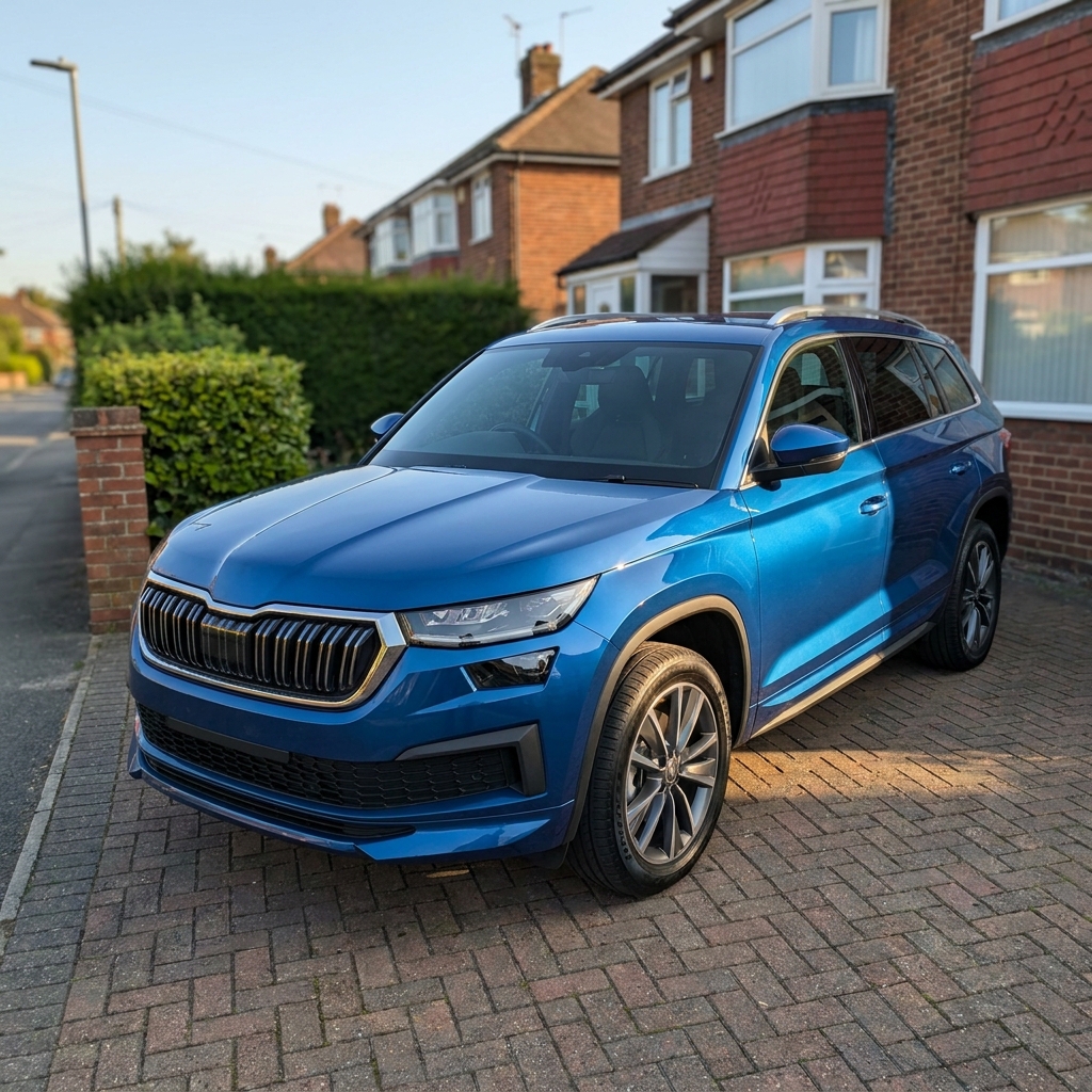 A modern metallic blue 2024 Skoda Kodiaq parked on a suburban driveway in the UK under soft afternoon sun.