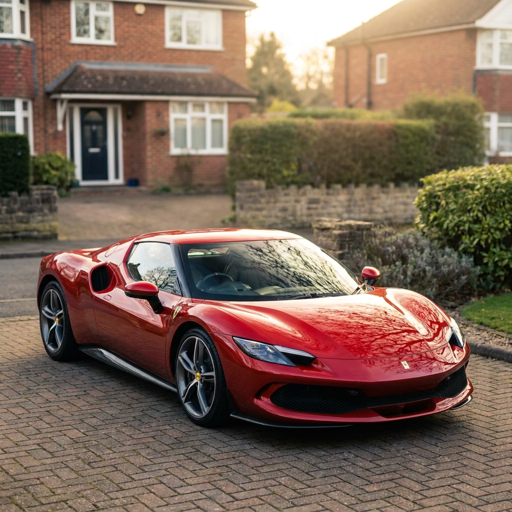 A sleek, metallic red 2024 Ferrari 296 GTB parked on a British suburban driveway in soft afternoon sun.