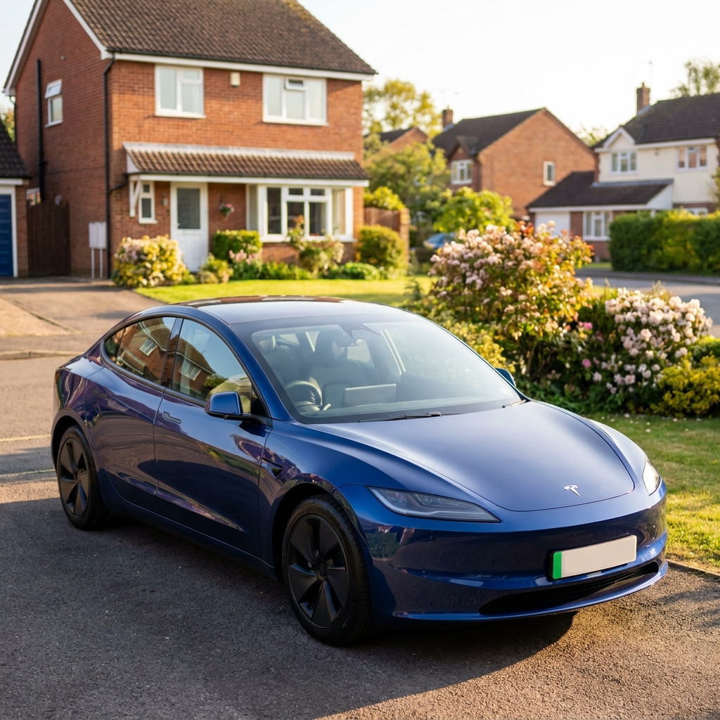 A sleek, modern Tesla Model 3 parked on a suburban driveway in the UK under soft afternoon sun.