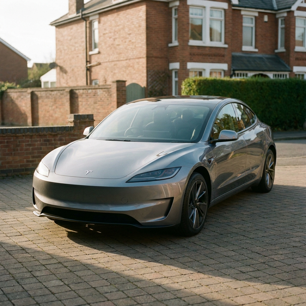 A sleek, modern 2024 Tesla Model 3 parked on a suburban British driveway in soft afternoon sun.