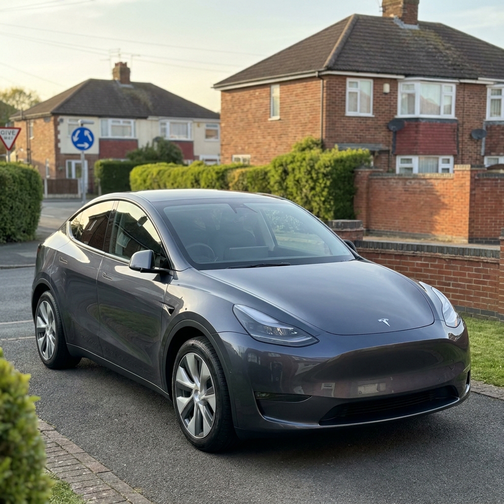 A sleek, nearly new 2025 Tesla Model Y in a modern grey finish, parked on a suburban driveway in the UK.