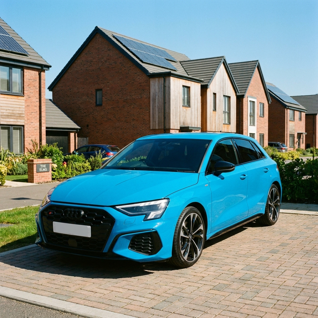 A modern, well-maintained Audi S3 car parked on a suburban driveway in the UK on a bright, clear day.