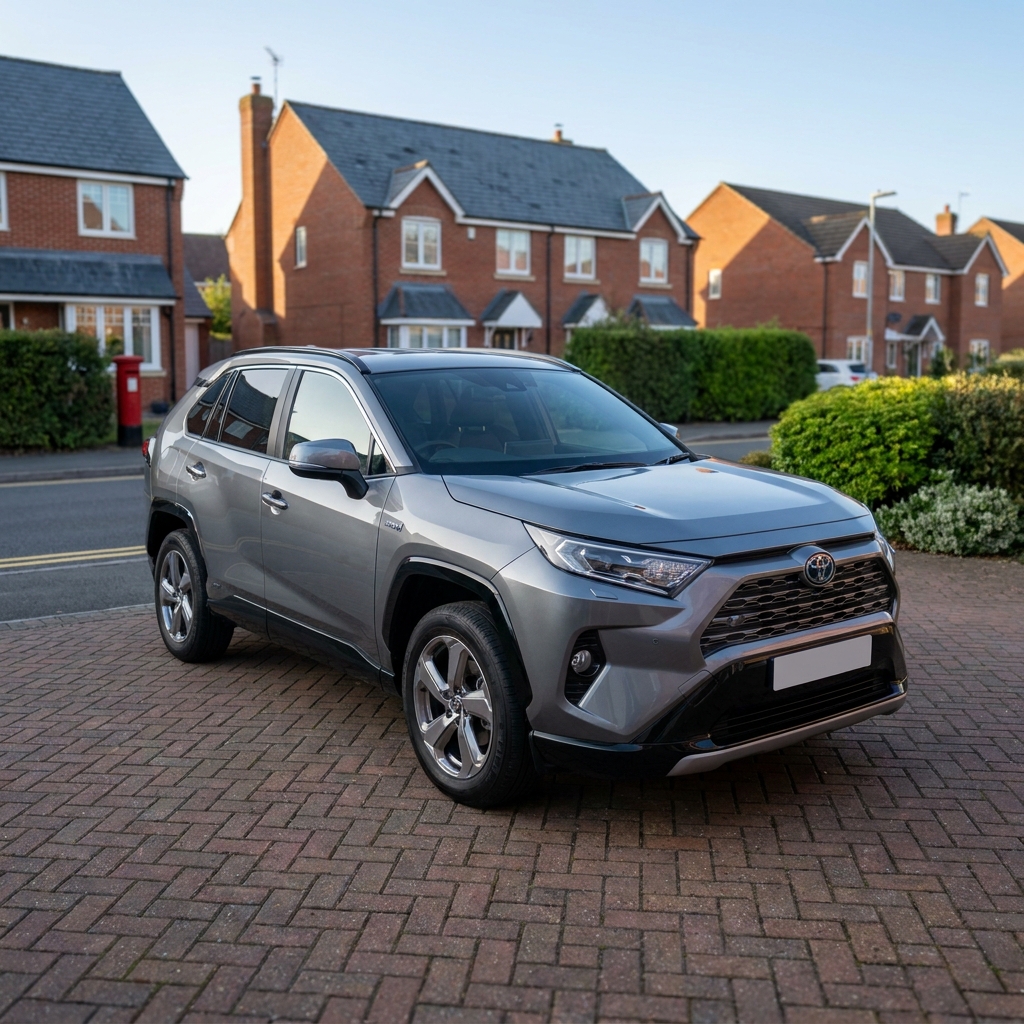 A photorealistic 2024 Toyota RAV4 plug-in hybrid in a suburban driveway on a clear blue-sky day.