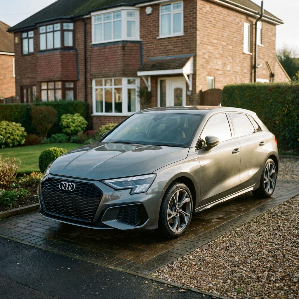 A modern, nearly new car, possibly a sleek SUV or saloon, parked on a British suburban driveway in soft afternoon sun, highlighting its design.