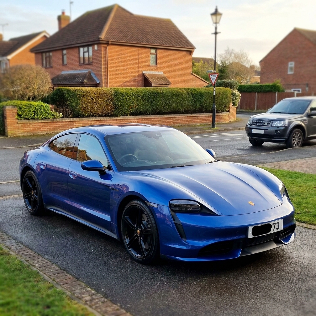 A sleek, nearly new Porsche Taycan 4S in a vibrant blue, parked on a suburban driveway in the UK under soft afternoon sun.
