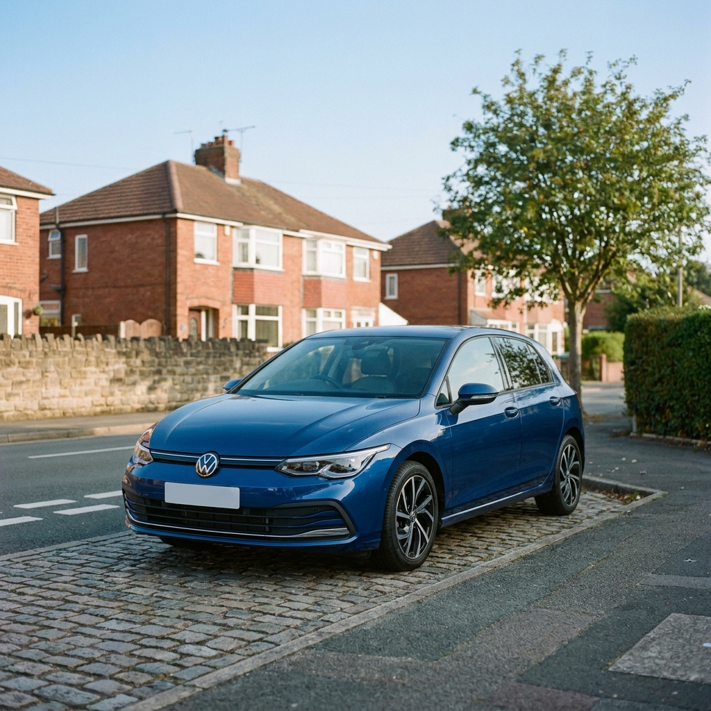 A modern metallic blue Volkswagen Golf (2024 model) parked on a suburban driveway in the UK on a clear blue-sky day.