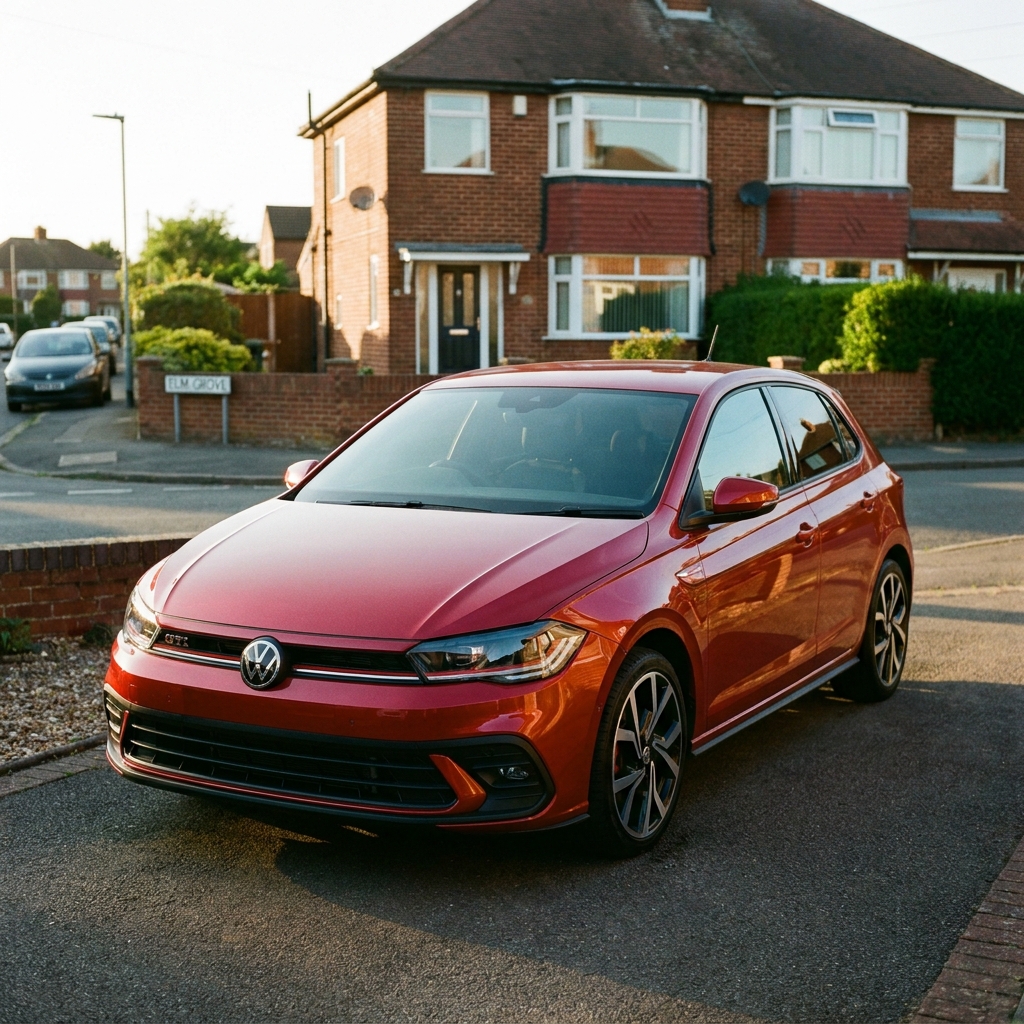 A sleek, nearly new 2026 VW Polo GTI in a vibrant colour, parked on a suburban driveway in the UK.