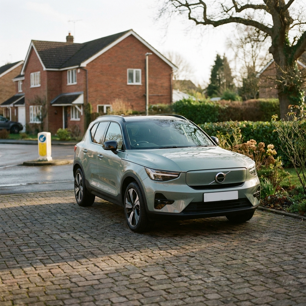 A photorealistic 2024 Volvo XC40 in a vibrant metallic colour, parked on a suburban driveway in the UK.