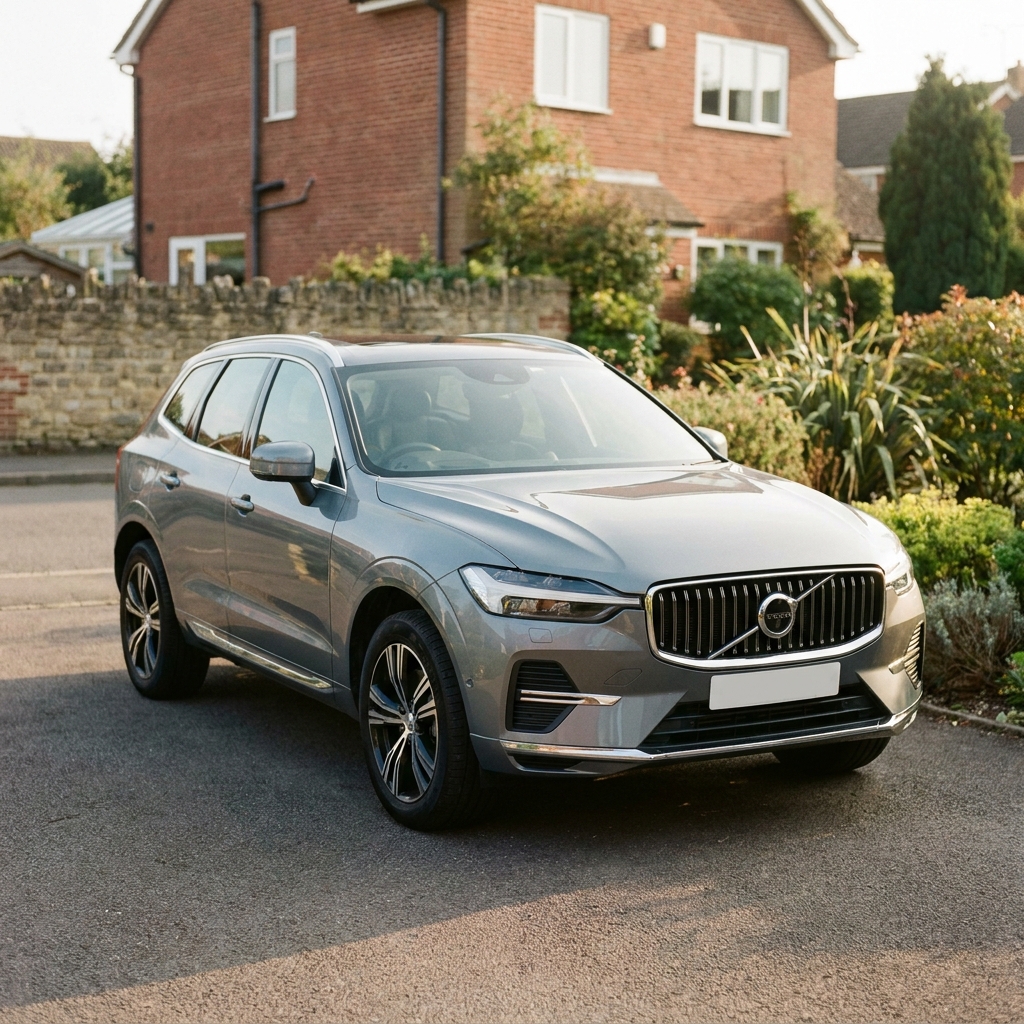 A photorealistic 2024 Volvo XC60 in a metallic grey finish, parked on a suburban British driveway under soft afternoon sun.