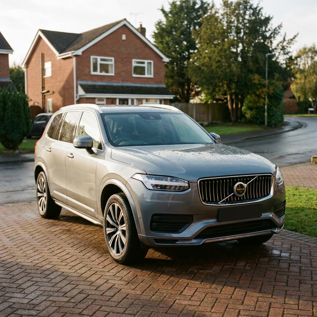A photorealistic exterior shot of a nearly new Volvo XC90 (2023-2026 model) on a British suburban driveway.