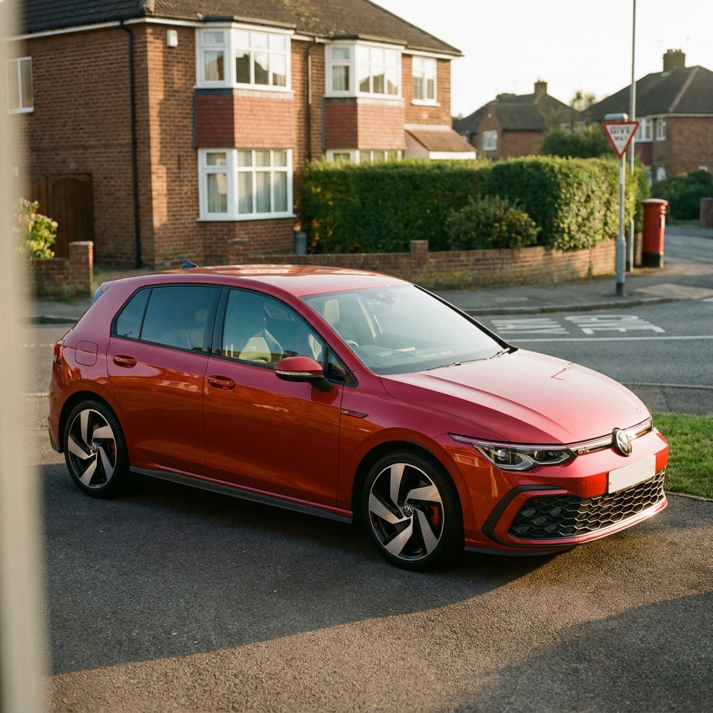 A photorealistic 2024 VW Golf GTI parked on a suburban driveway in soft afternoon sun.