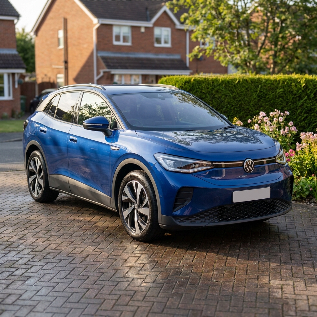 A photorealistic exterior shot of a 2024 Volkswagen ID.4 Pro 77kWh Match Auto on a British suburban driveway.