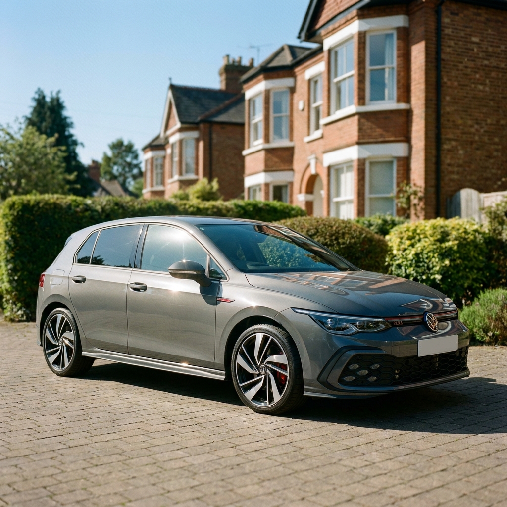 A metallic grey 2024 Volkswagen Golf GTI parked on a suburban driveway in the UK on a clear blue-sky day.