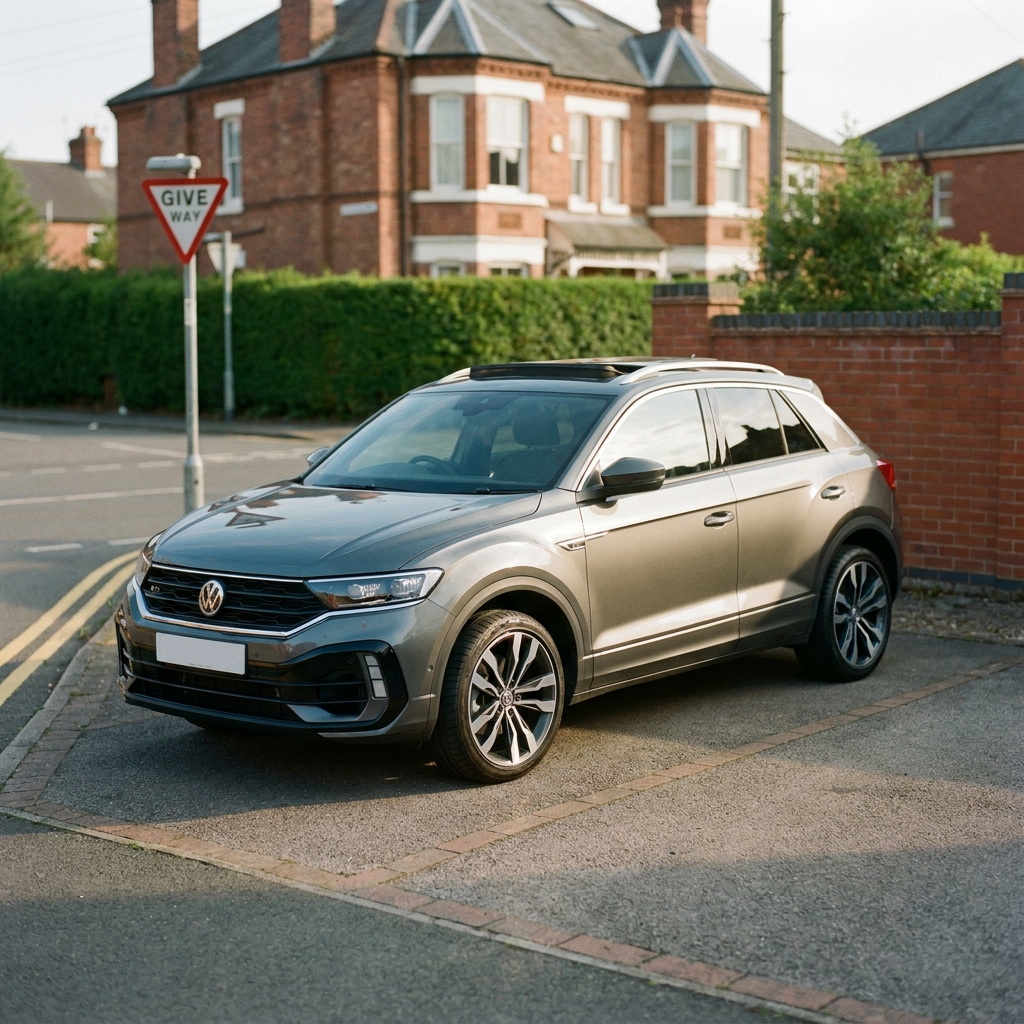 A metallic grey 2023 VW T-Roc R-Line parked on a suburban driveway in soft afternoon sun.