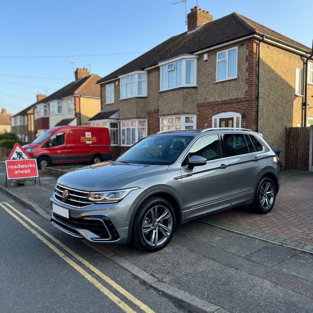 A photorealistic 2024 VW Tiguan R-Line in a metallic grey finish, parked on a suburban driveway in the UK under a clear blue sky.