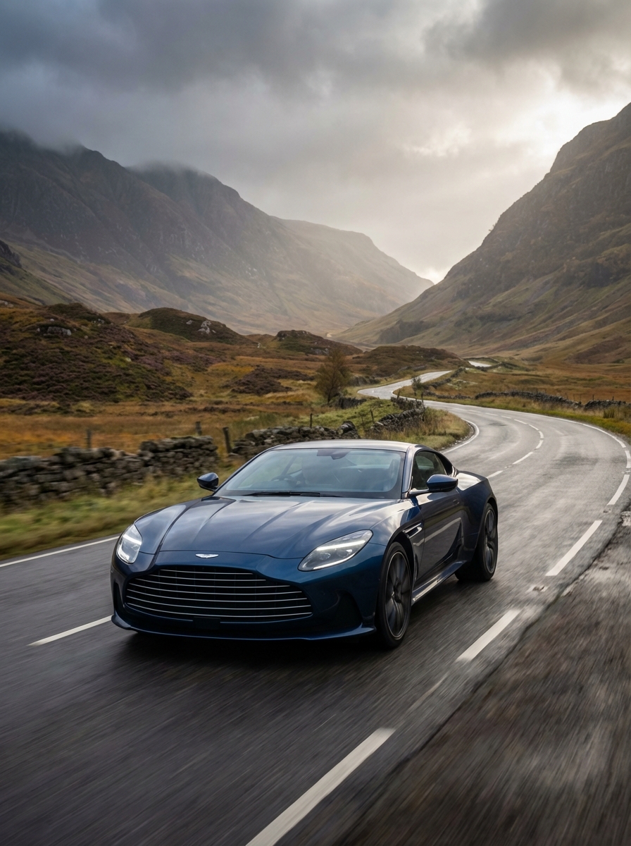 Photo of Aston Martin driving down a British country road