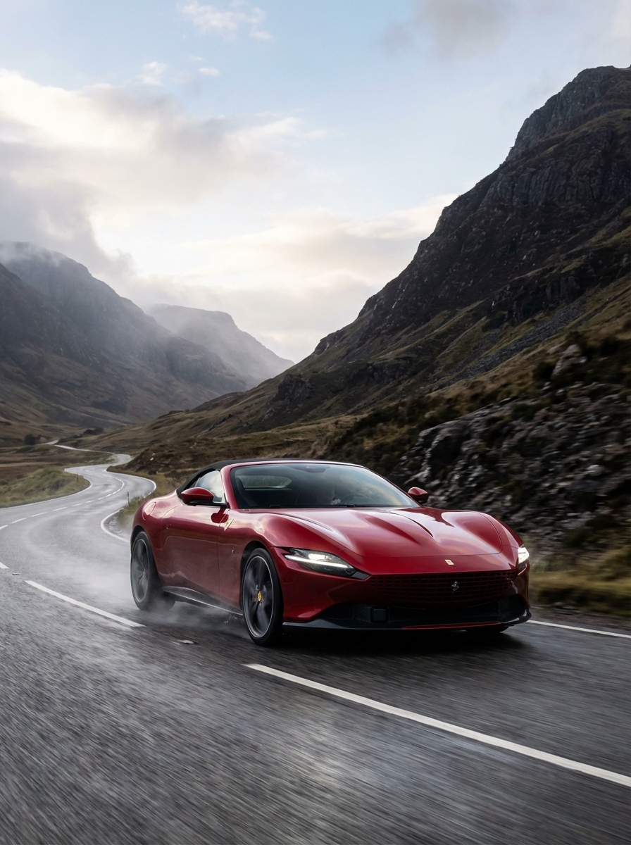 Photo of Ferrari driving down a British country road