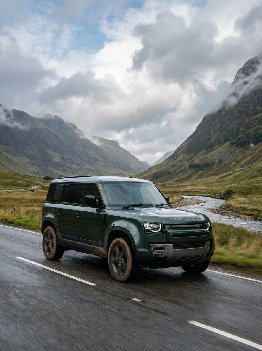 Photo of Land Rover driving down a British country road