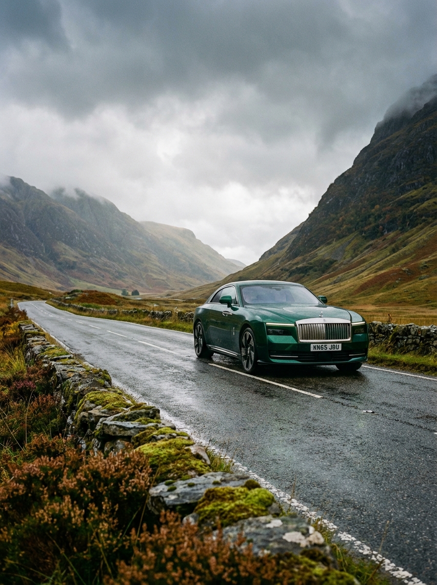 Photo of Rolls-Royce driving down a British country road