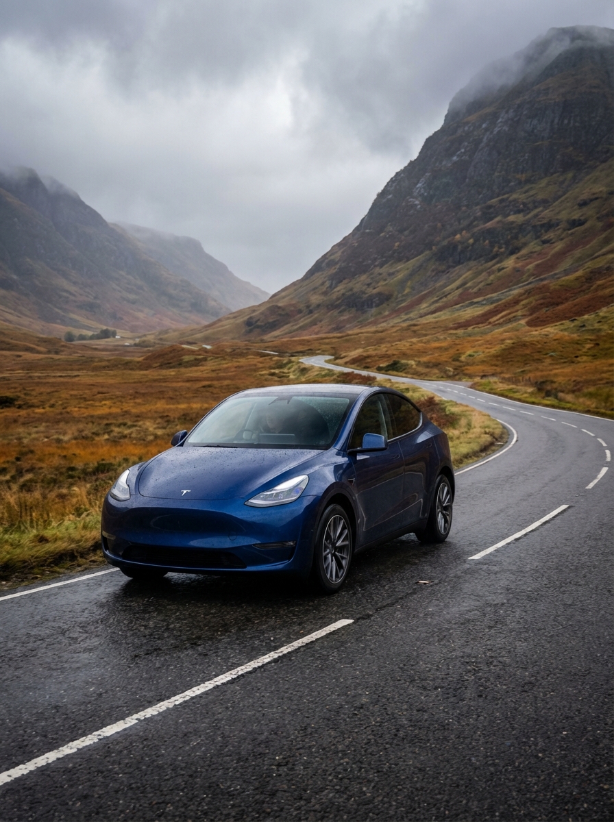 Photo of Tesla driving down a British country road