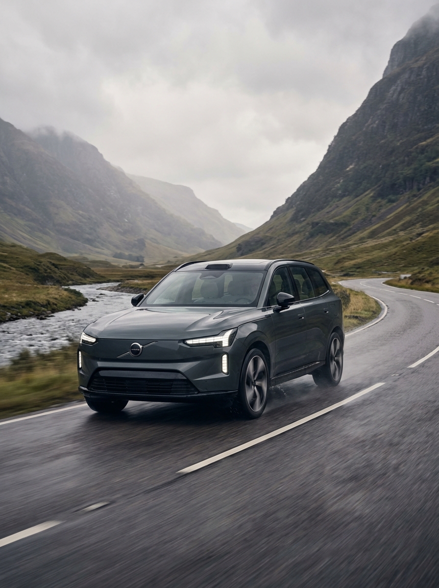 Photo of Volvo driving down a British country road